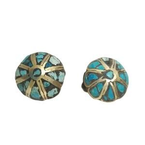 Antique Art Deco Inlaid Turquoise Domed Button Earrings Screw Back